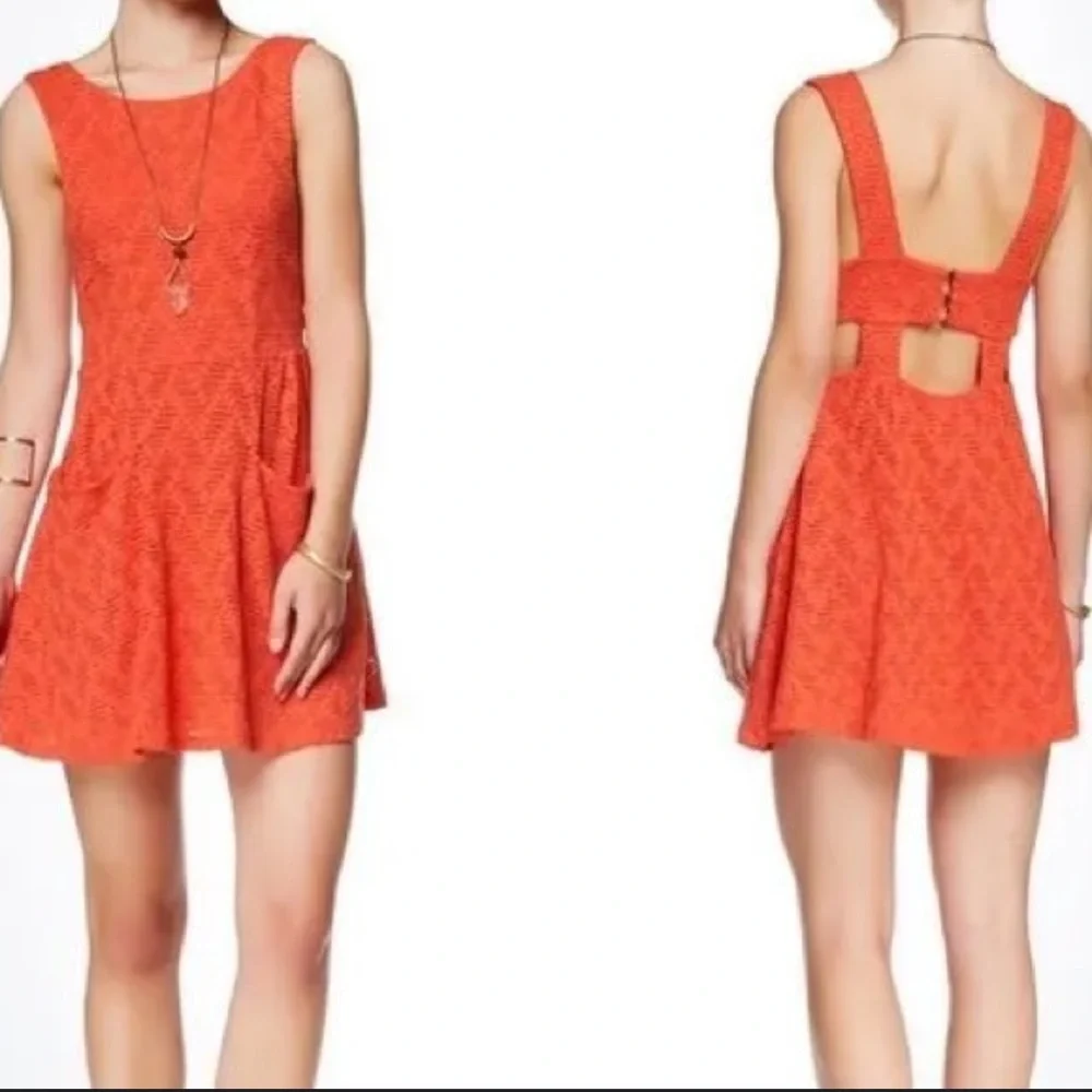 Free People Vibrant Orange Lace Mini Dress